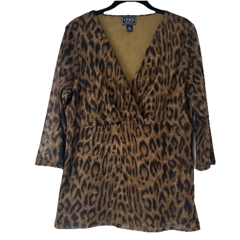 Chaps Women's Top Plus Size 1X Sheer Animal‎ Print Babydoll Rockabilly V-neck
